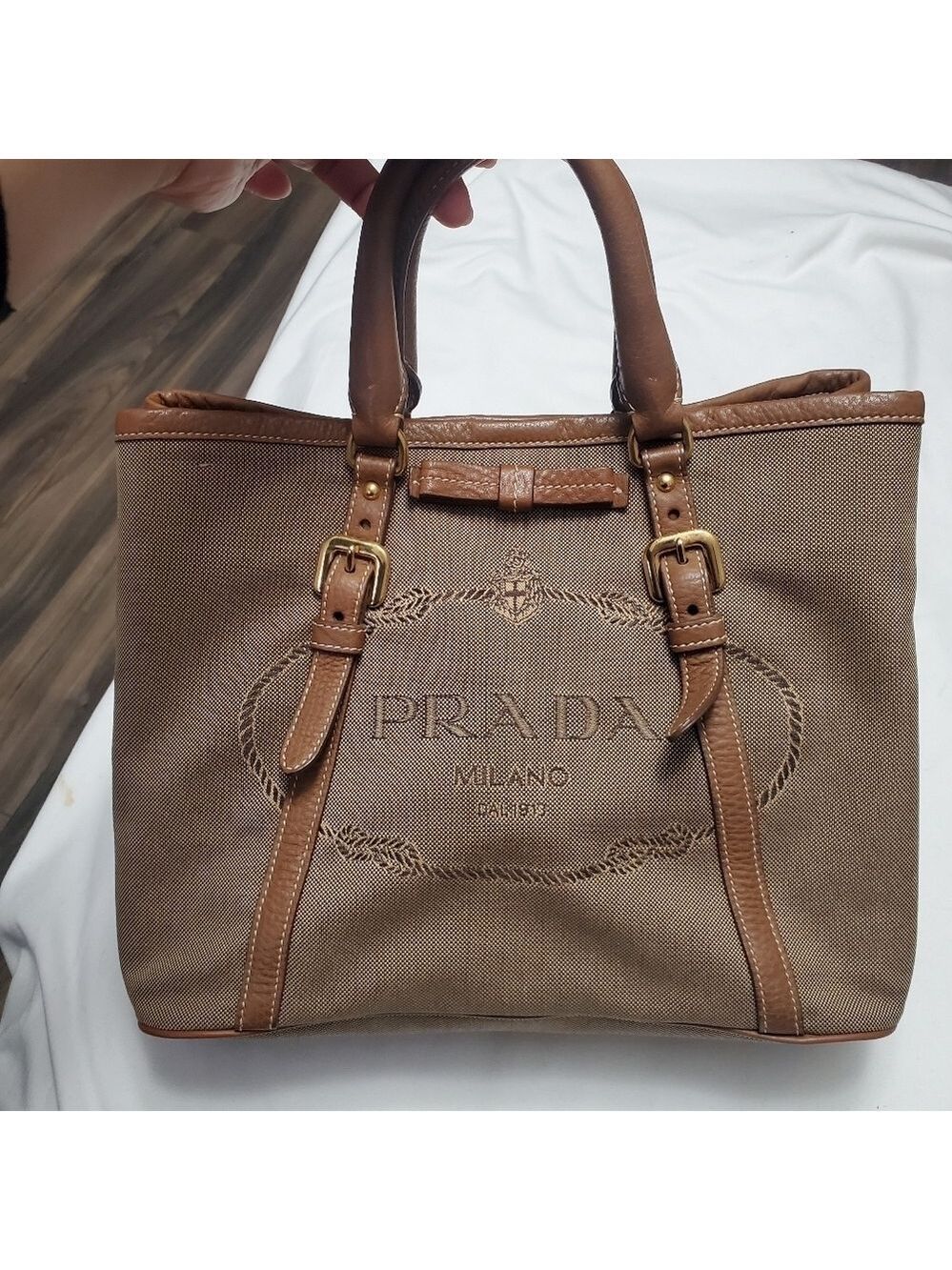 Prada Jacquard Canvas Leather Tote Bag Brown